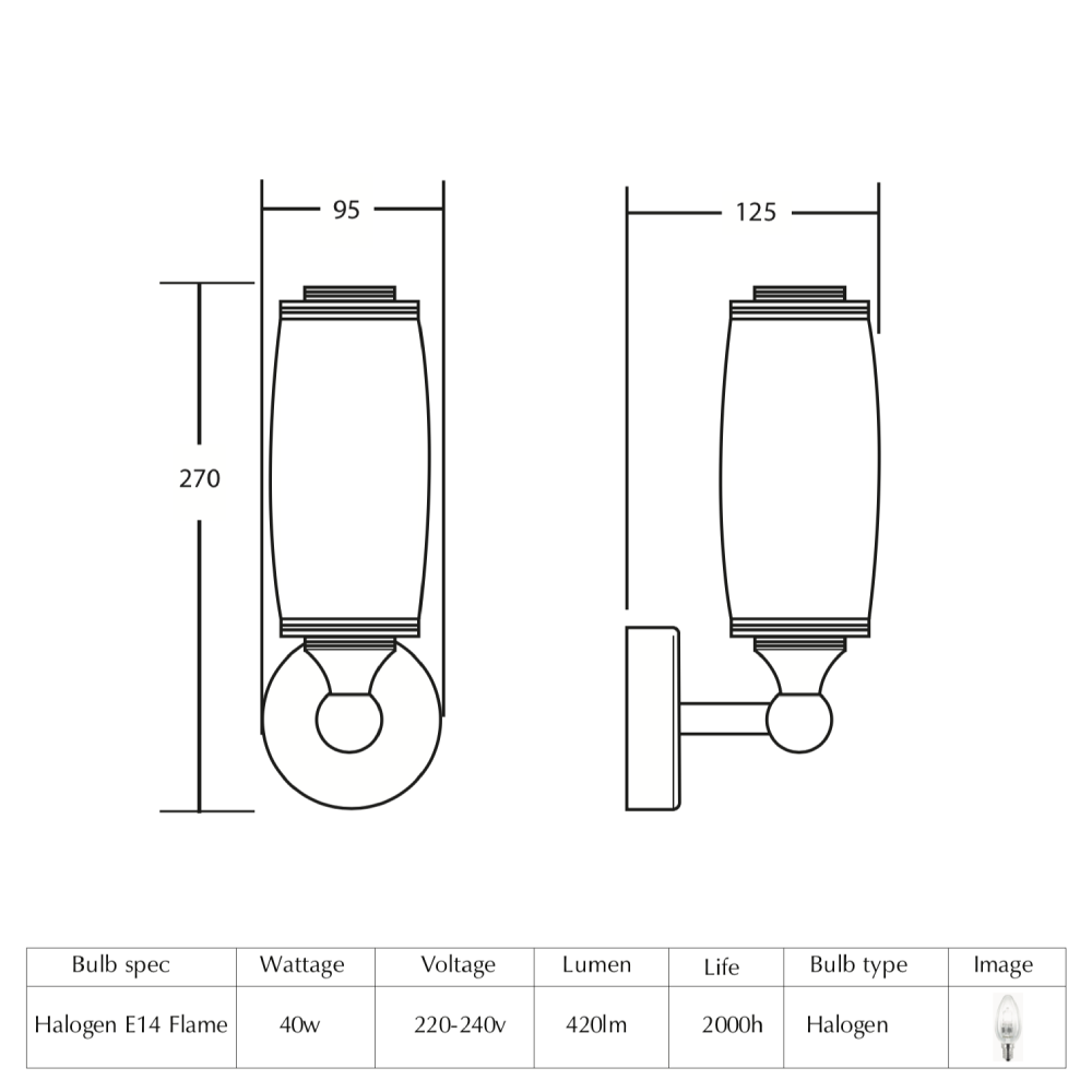 Toledo Single Wall Light With Glass Shade dimensioned technical drawing