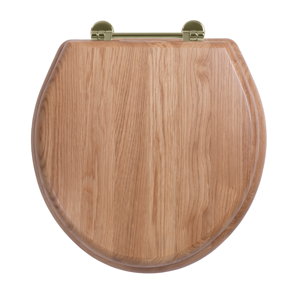 Windsor solid timber soft-close toilet seat in natural oak with antique gold hinges