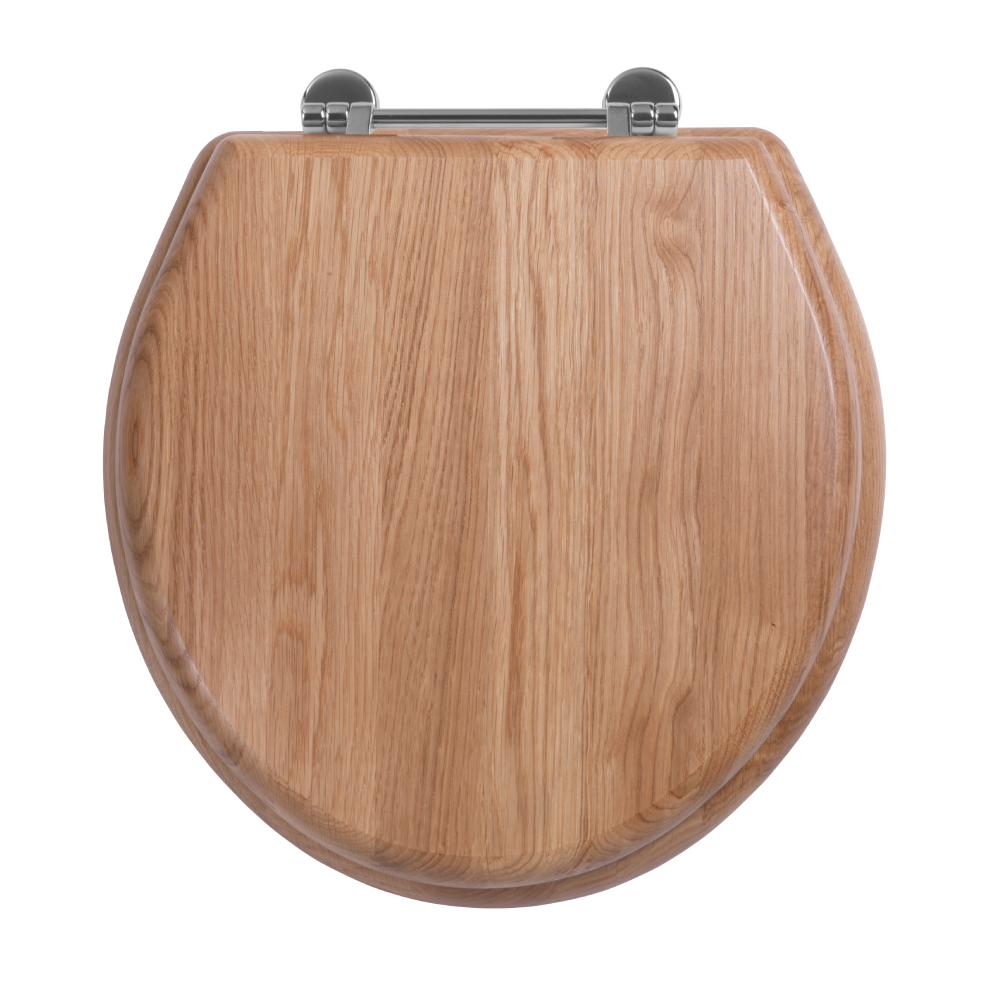 Windsor solid timber toilet seat in Natural Oak with chrome hinges