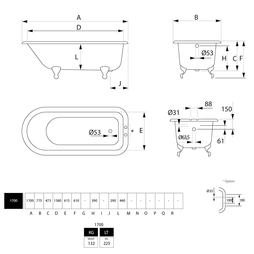 Cast Iron Waldorf S/E 2T Feet dimensioned technical drawing