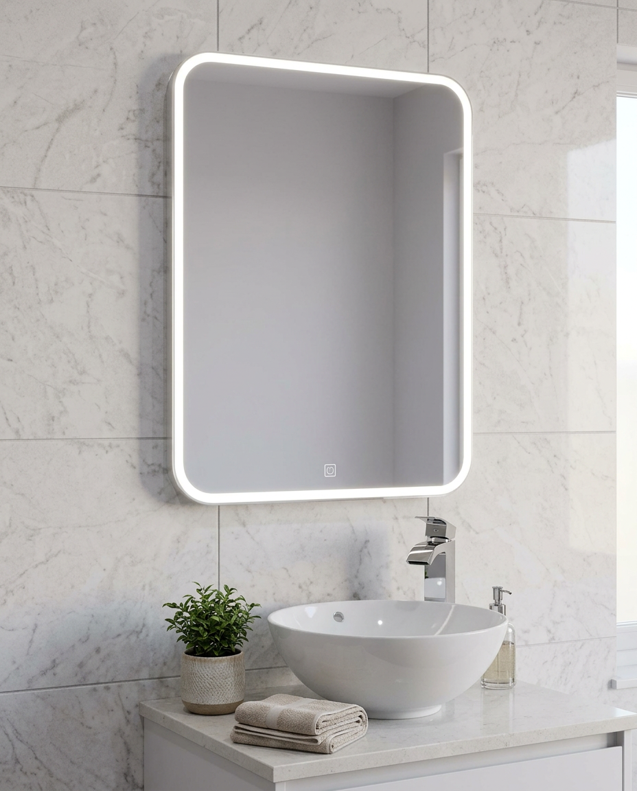 Alnwick Rounded LED Mirror in a bright modern bathroom