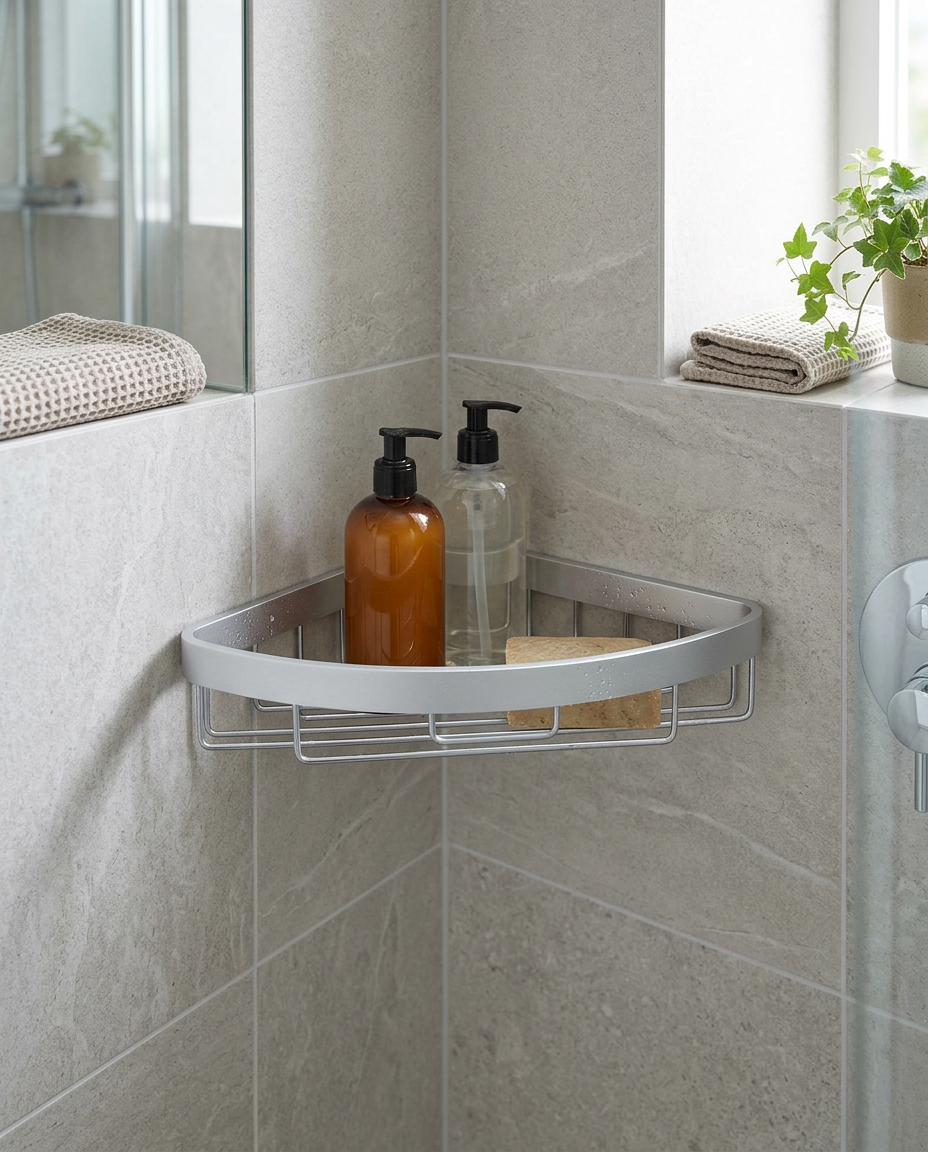Aluminium Shower Basket in a bright modern bathroom