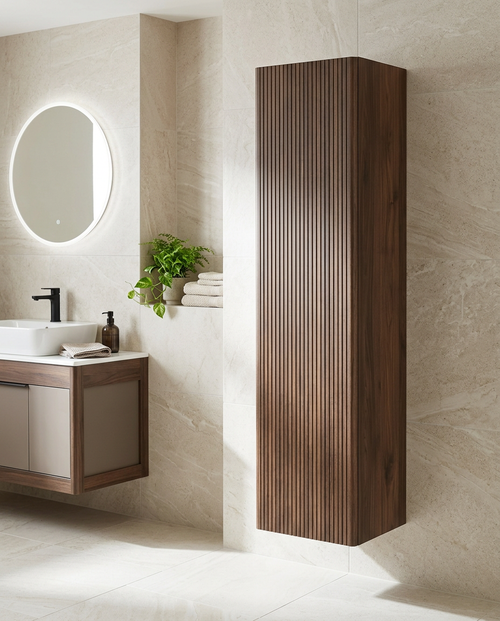 Amora 1200mm Wall Hung Tall Storage Unit, 1 Door in a bright modern bathroom