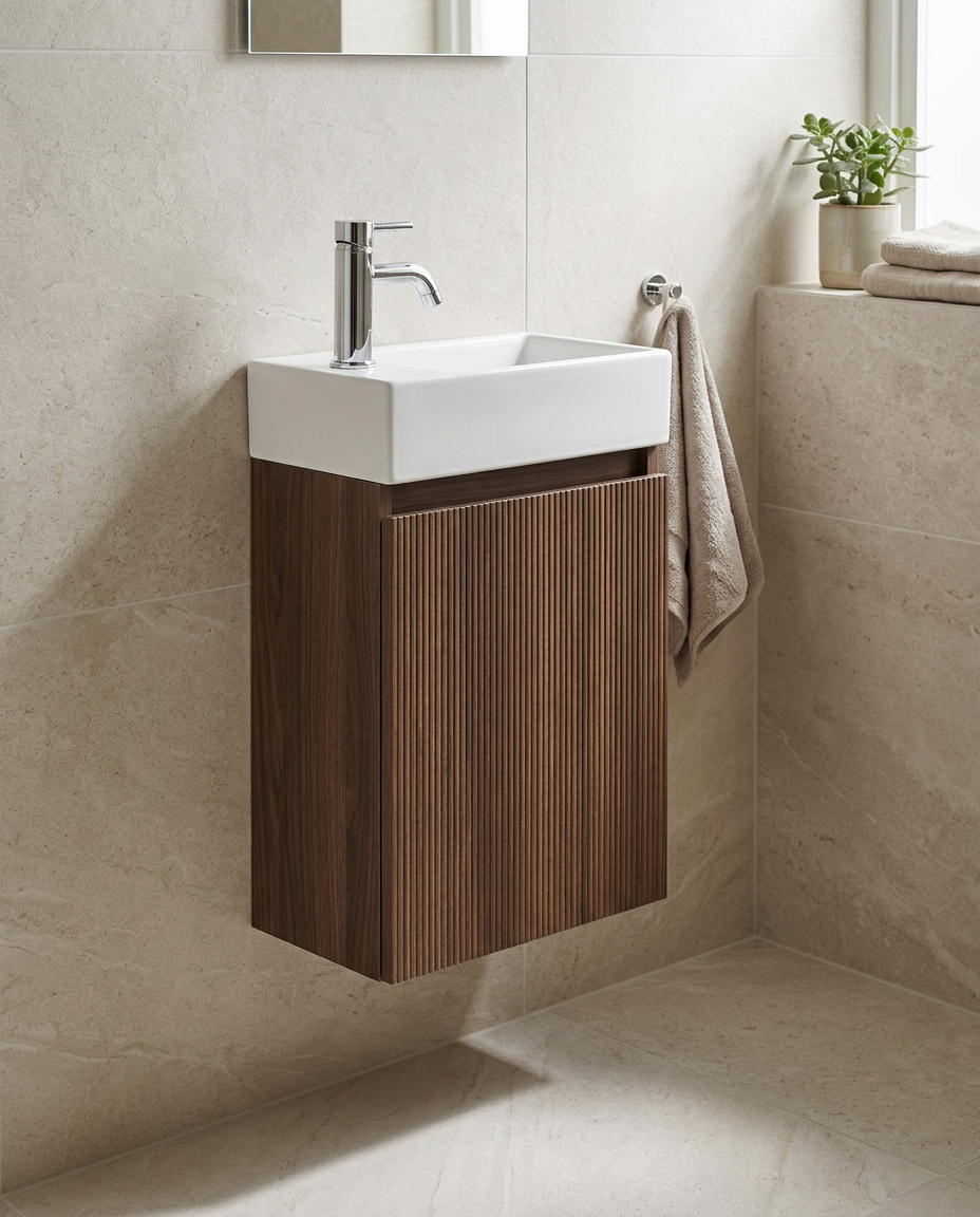 Amora 400mm Wall Hung Vanity Unit & Basin, 1 Door in a bright modern bathroom