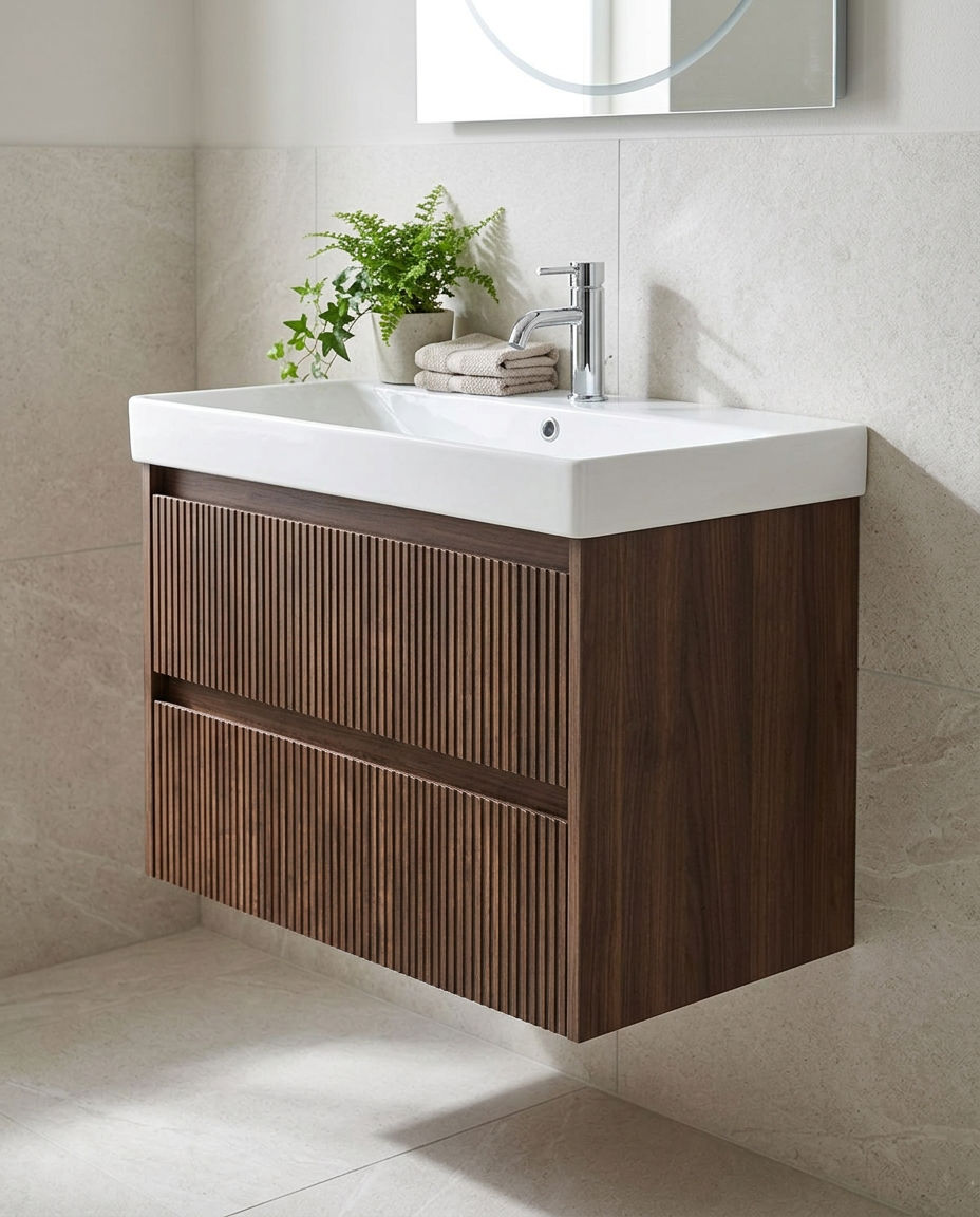 Amora 800mm Wall Hung Vanity Unit & Basin, 2 Drawers in a bright modern bathroom