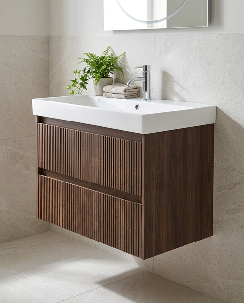 Amora 800mm Wall Hung Vanity Unit & Basin, 2 Drawers in a bright modern bathroom