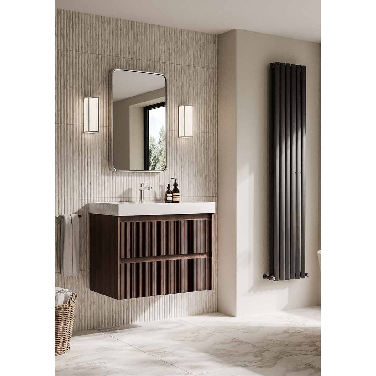 Amora fluted walnut vanity unit with tall unit