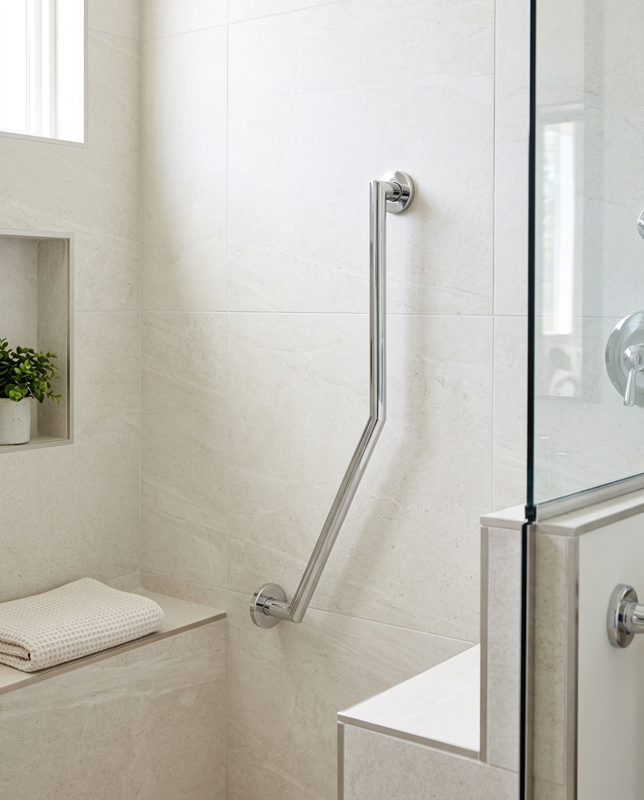 Angled Grab Bar, 600mm in a bright modern bathroom
