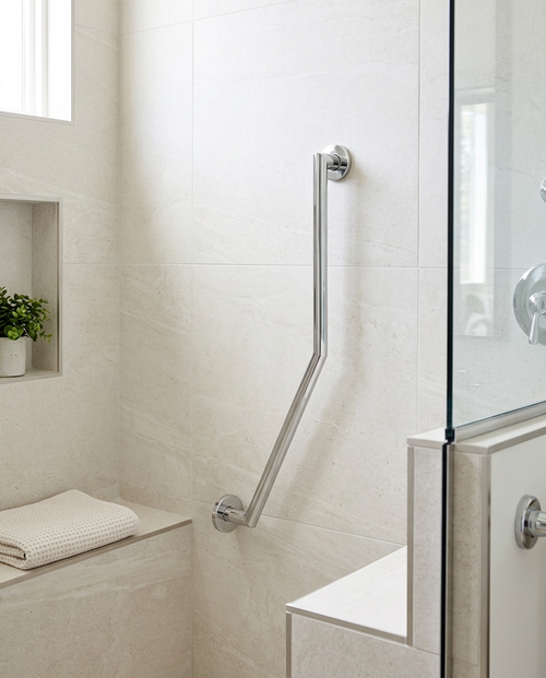 Angled Grab Bar, 600mm in a bright modern bathroom