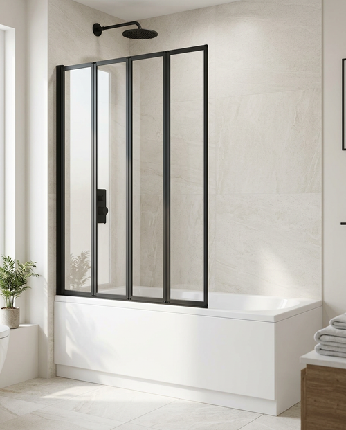 Aqualux 4-Fold Bath Screen – Black, in a bright modern bathroom