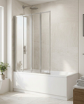 Aqualux 4-Fold Bath Screen – Polished silver, in a bright modern bathroom