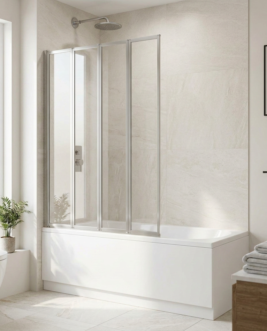 Aqualux 4-Fold Bath Screen – Polished silver, in a bright modern bathroom