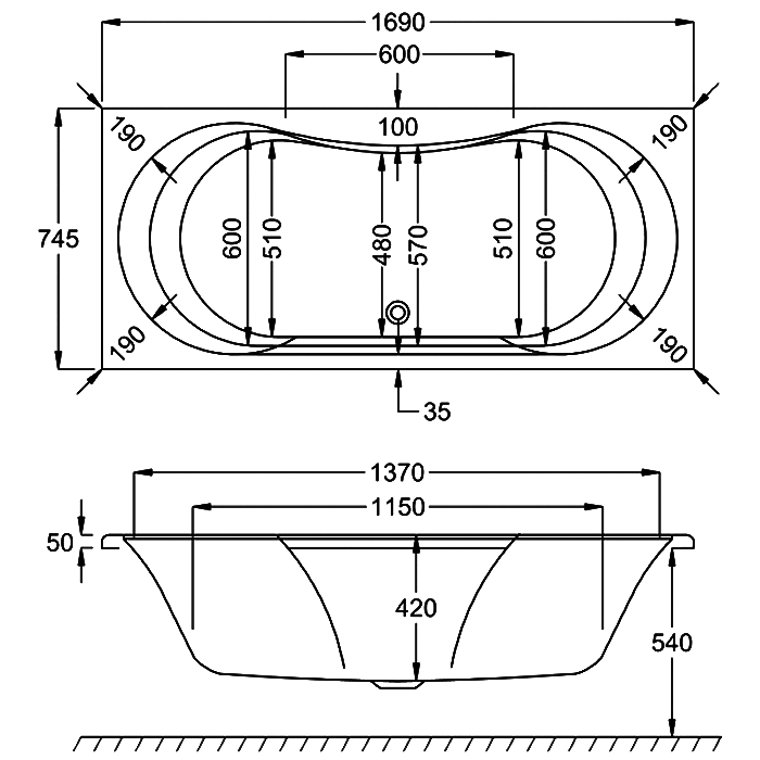Carron Arc Double Ended Bath, technical drawing