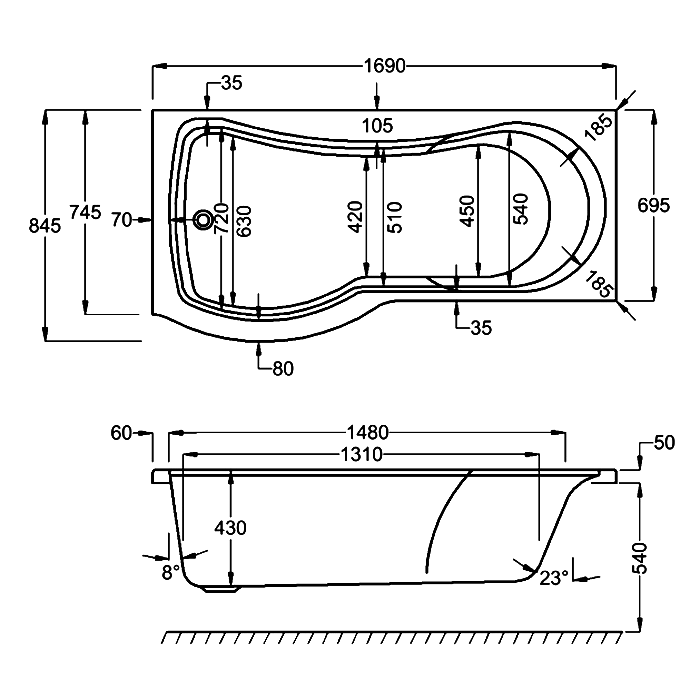Carron Arc Curved Shower Bath, technical drawing