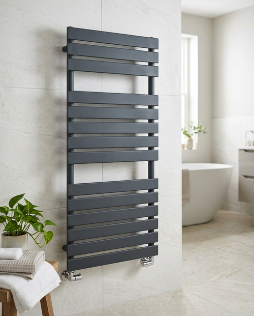 Arden Textured Grey Towel Rail in a bright modern bathroom