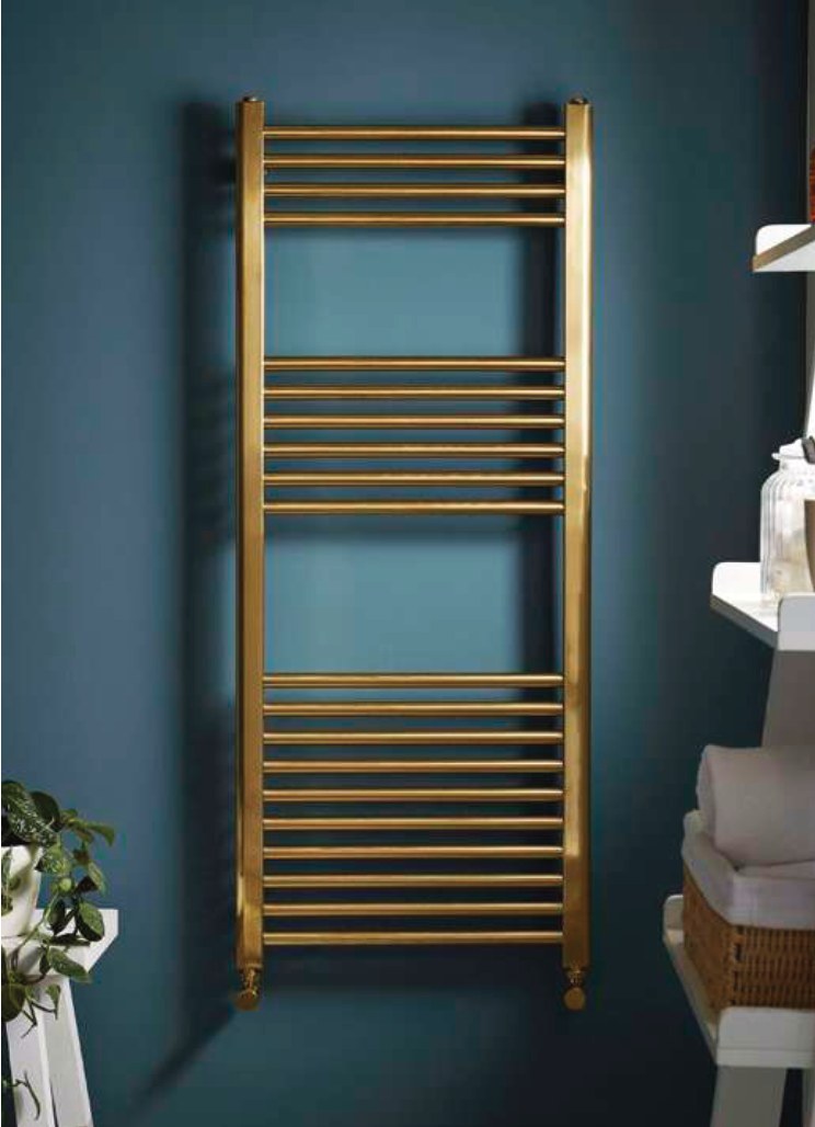 Arla 22mm Straight Heated Towel Rail, Brushed brass