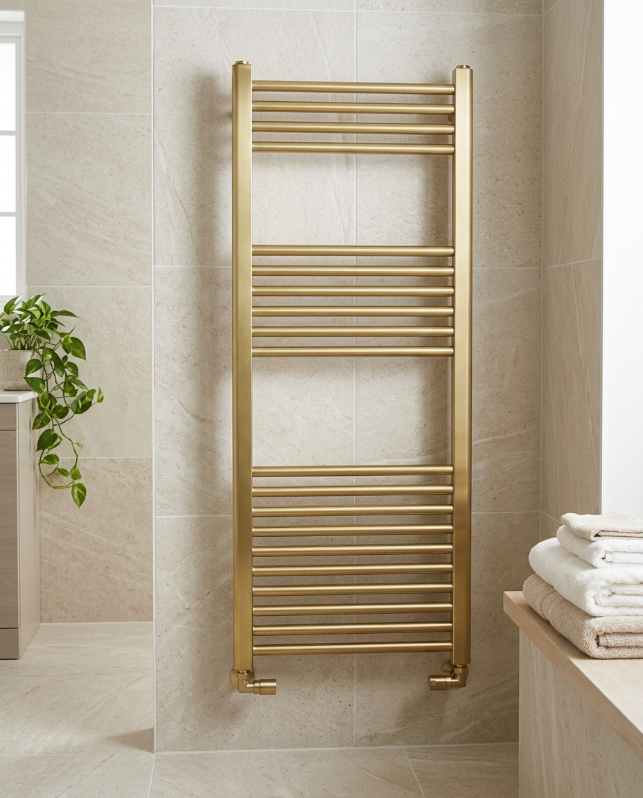 Arla 22mm Straight Heated Towel Rail, brushed brass in a bright modern bathroom