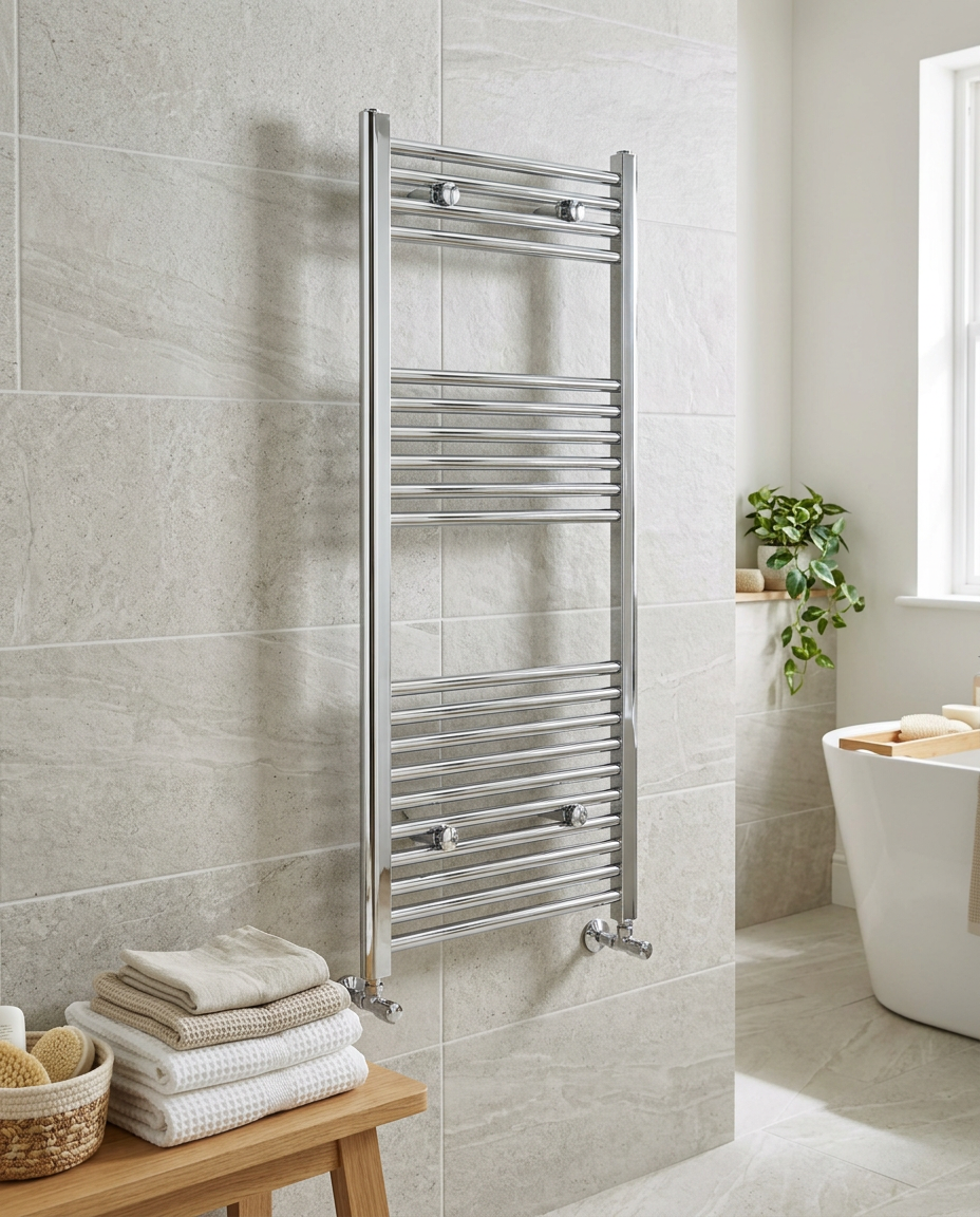 Arla 22mm Straight Heated Towel Rail, chrome in a bright modern bathroom