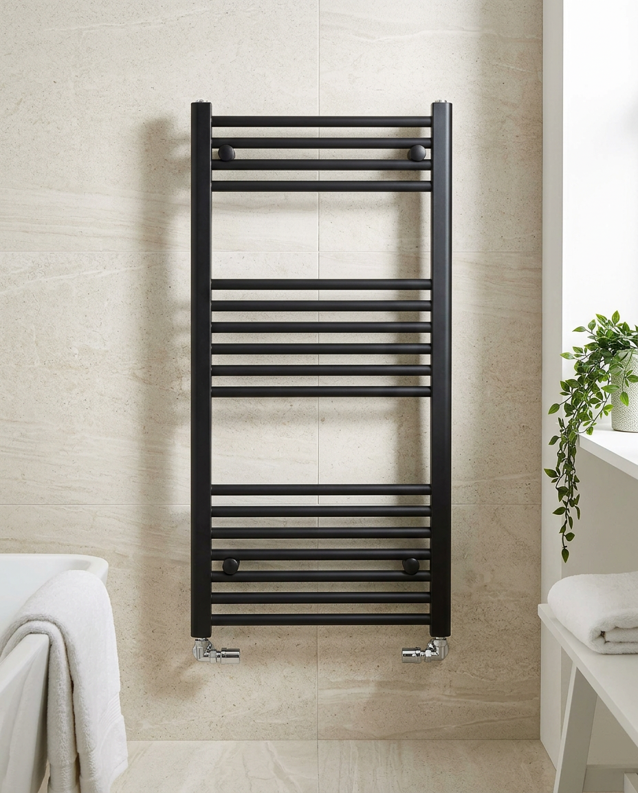 Arla 22mm Straight Heated Towel Rail, matt black in a bright modern bathroom