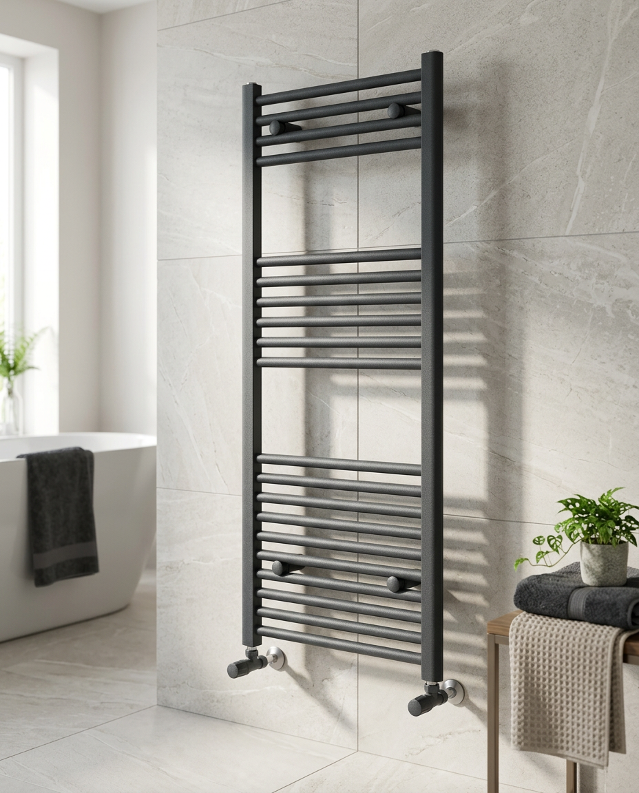 Arla 22mm Straight Heated Towel Rail, textured grey in a bright modern bathroom