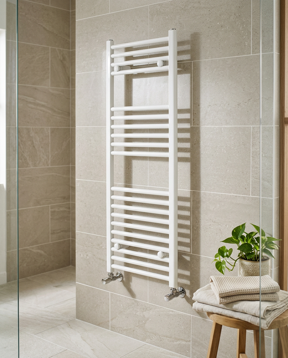 Arla 22mm Straight Heated Towel Rail, white gloss in a bright modern bathroom
