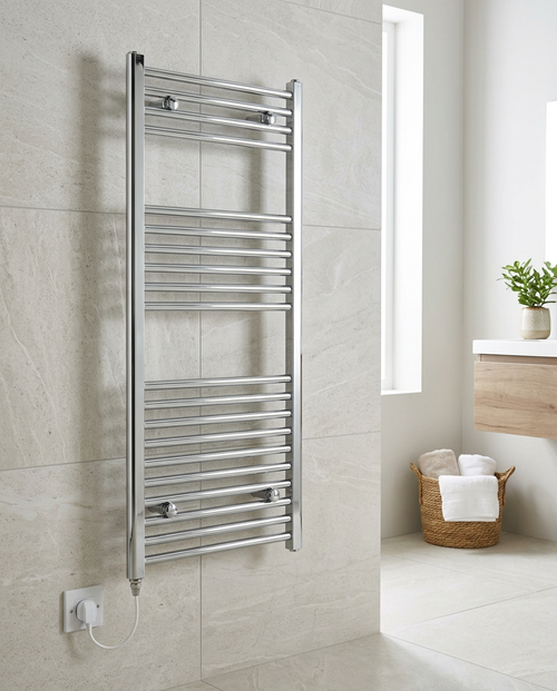 Arla Chrome Electric Heated Towel Rail in a bright modern bathroom