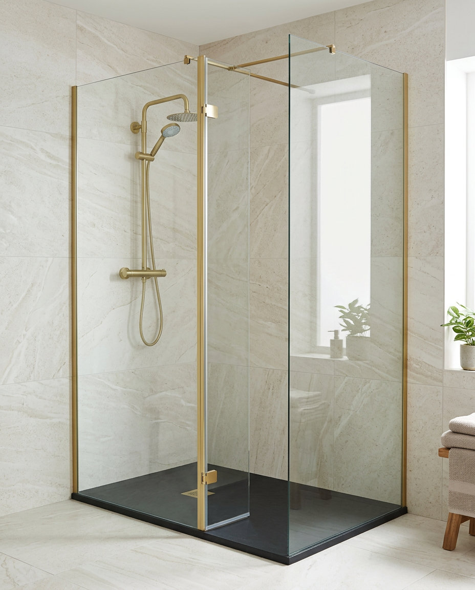 Arlo 8 Wet Room Screen, brushed brass in a bright modern bathroom