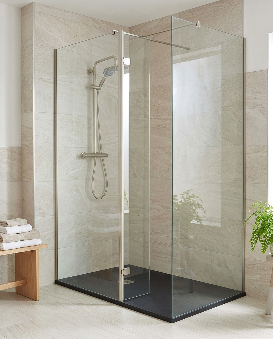 Arlo 8 Wet Room Screen, brushed nickel in a bright modern bathroom