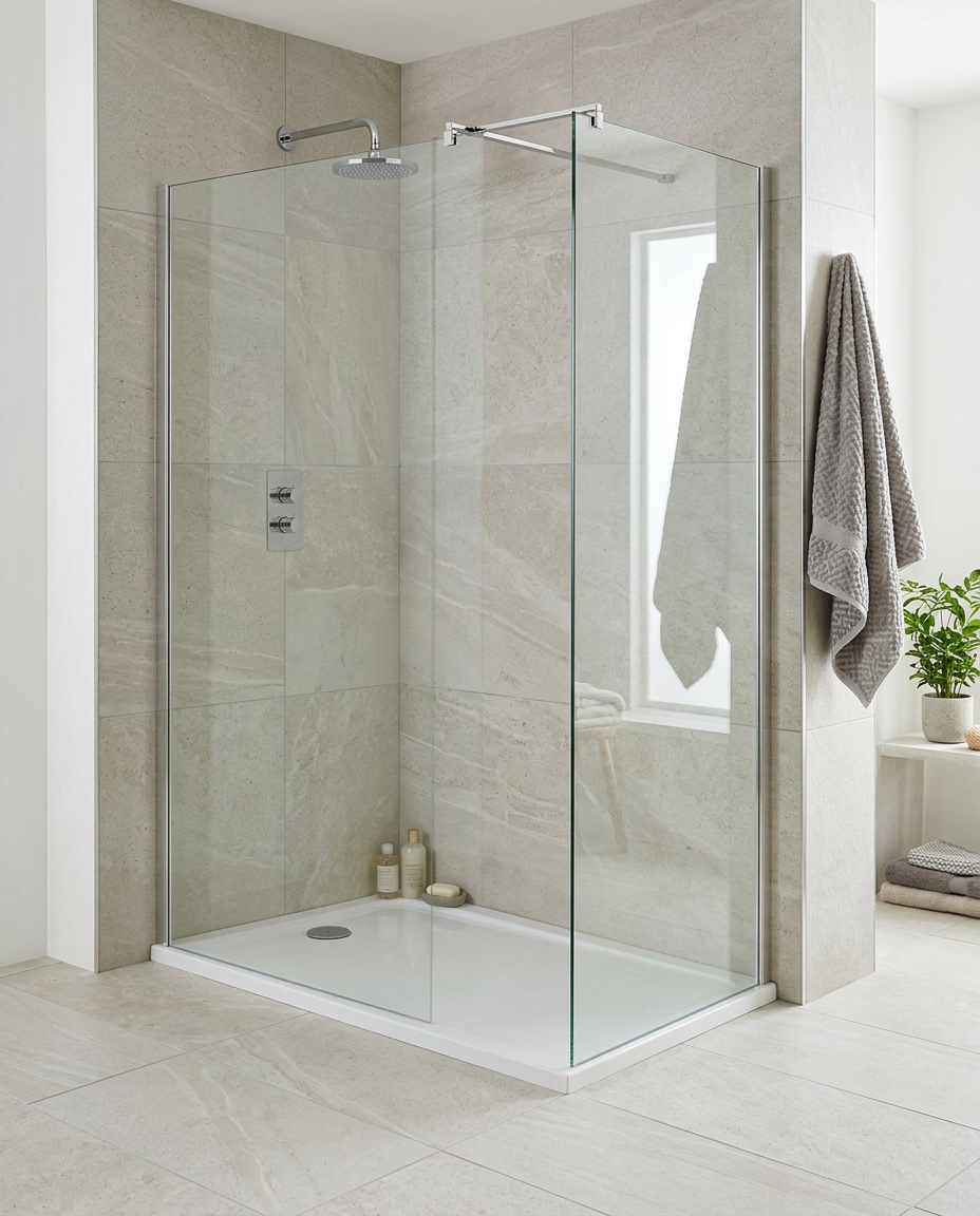 Arlo 8 Wet Room Screen, chrome in a bright modern bathroom