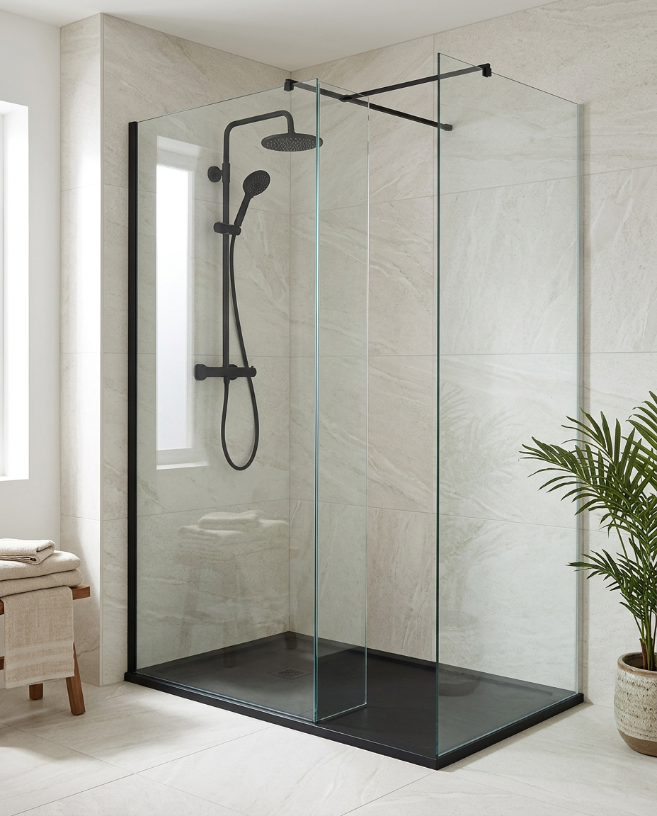 Arlo 8 Wet Room Screen, matt black in a bright modern bathroom