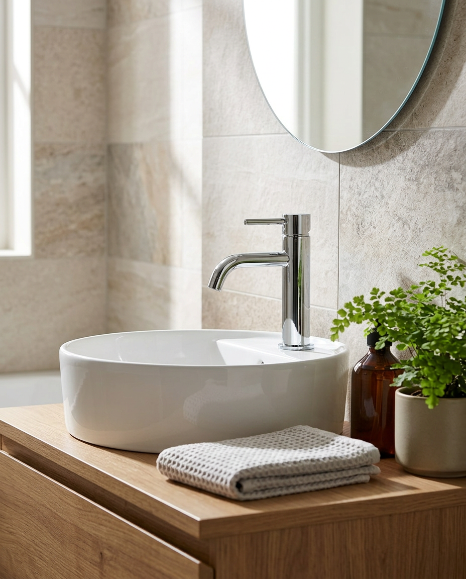 Artisa Basin Mixer in a bright modern bathroom