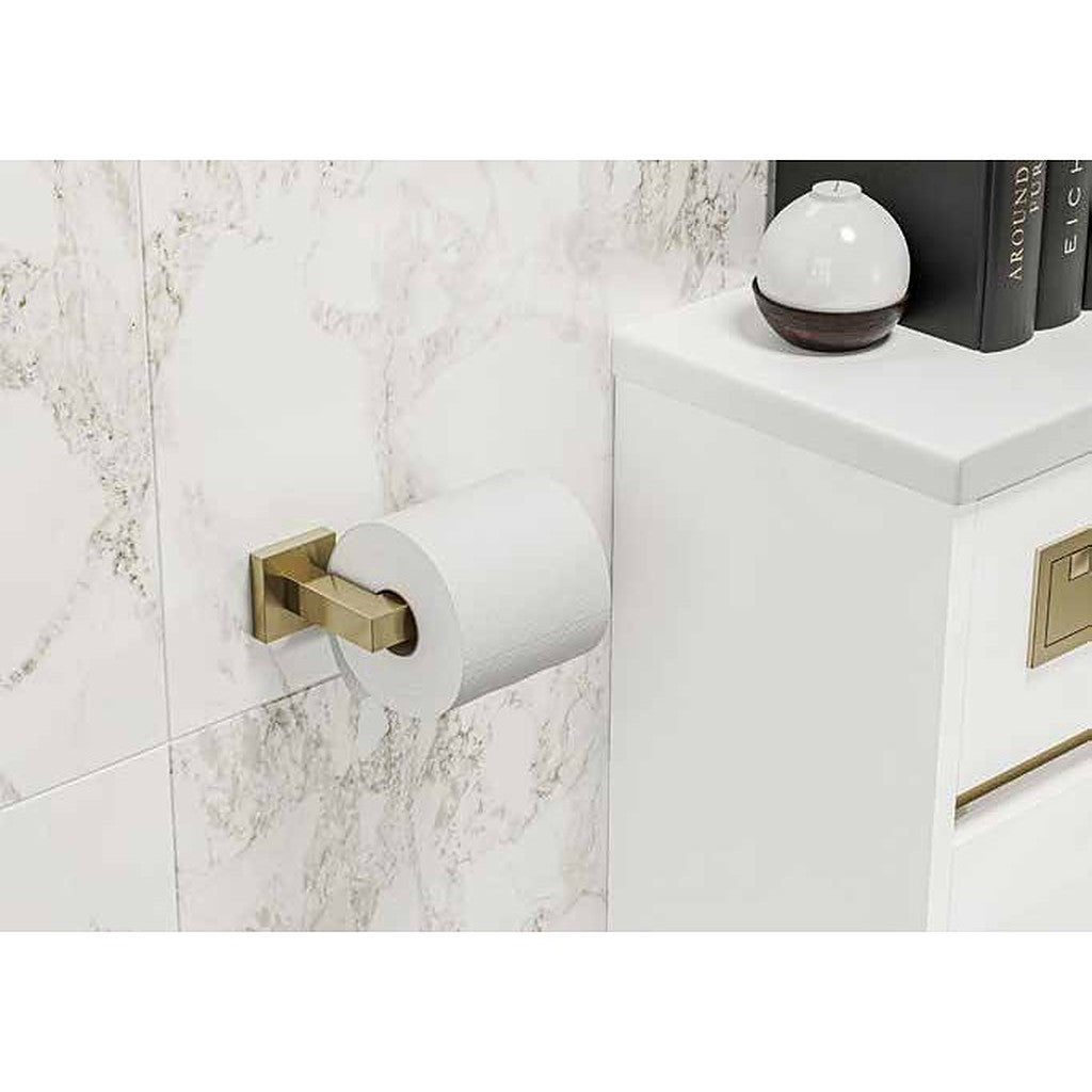 Artisa curved toilet roll holder in brushed brass on a marble wall