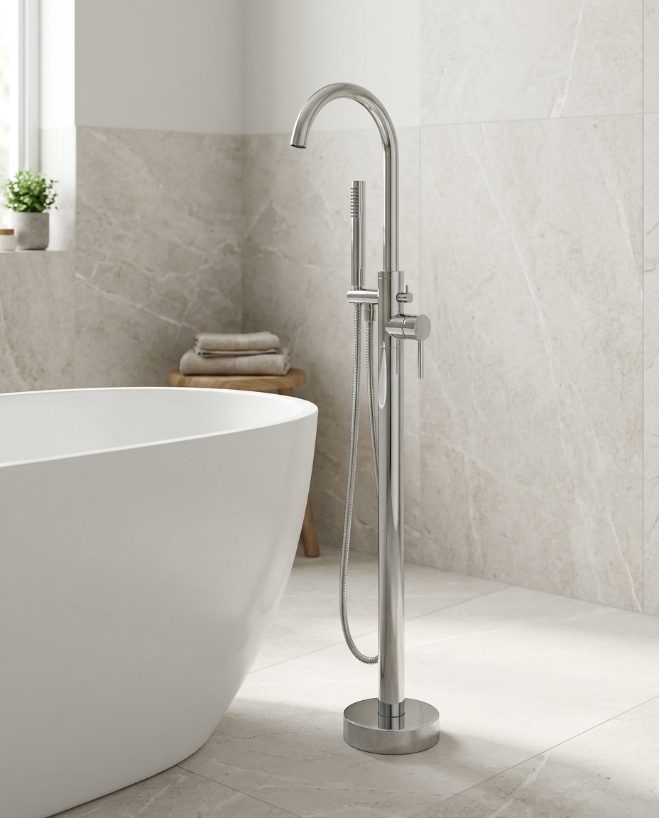 Artisa Freestanding Bath Shower Mixer in a bright modern bathroom