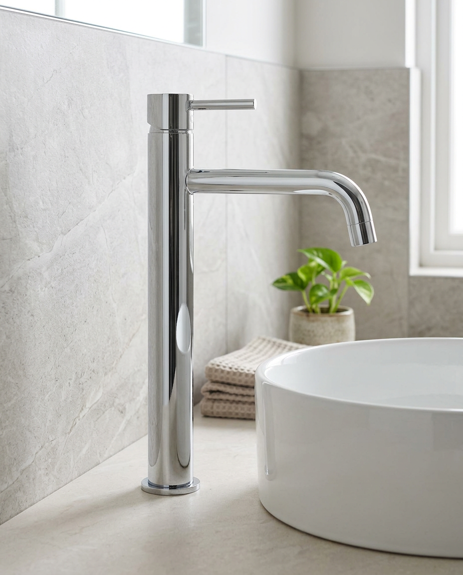 Artisa Tall Basin Mixer in a bright modern bathroom