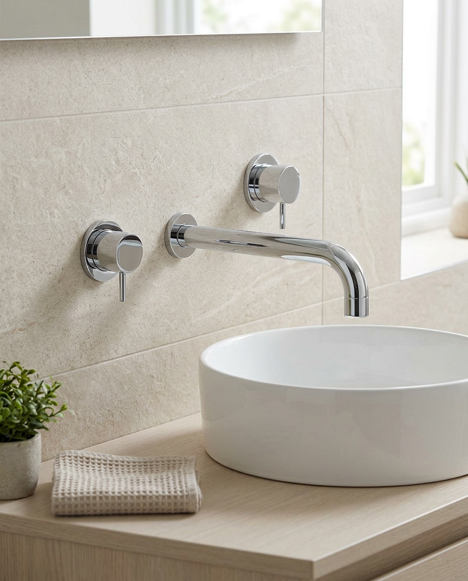 Artisa Wall-Mounted 3-Hole Basin Mixer in a bright modern bathroom