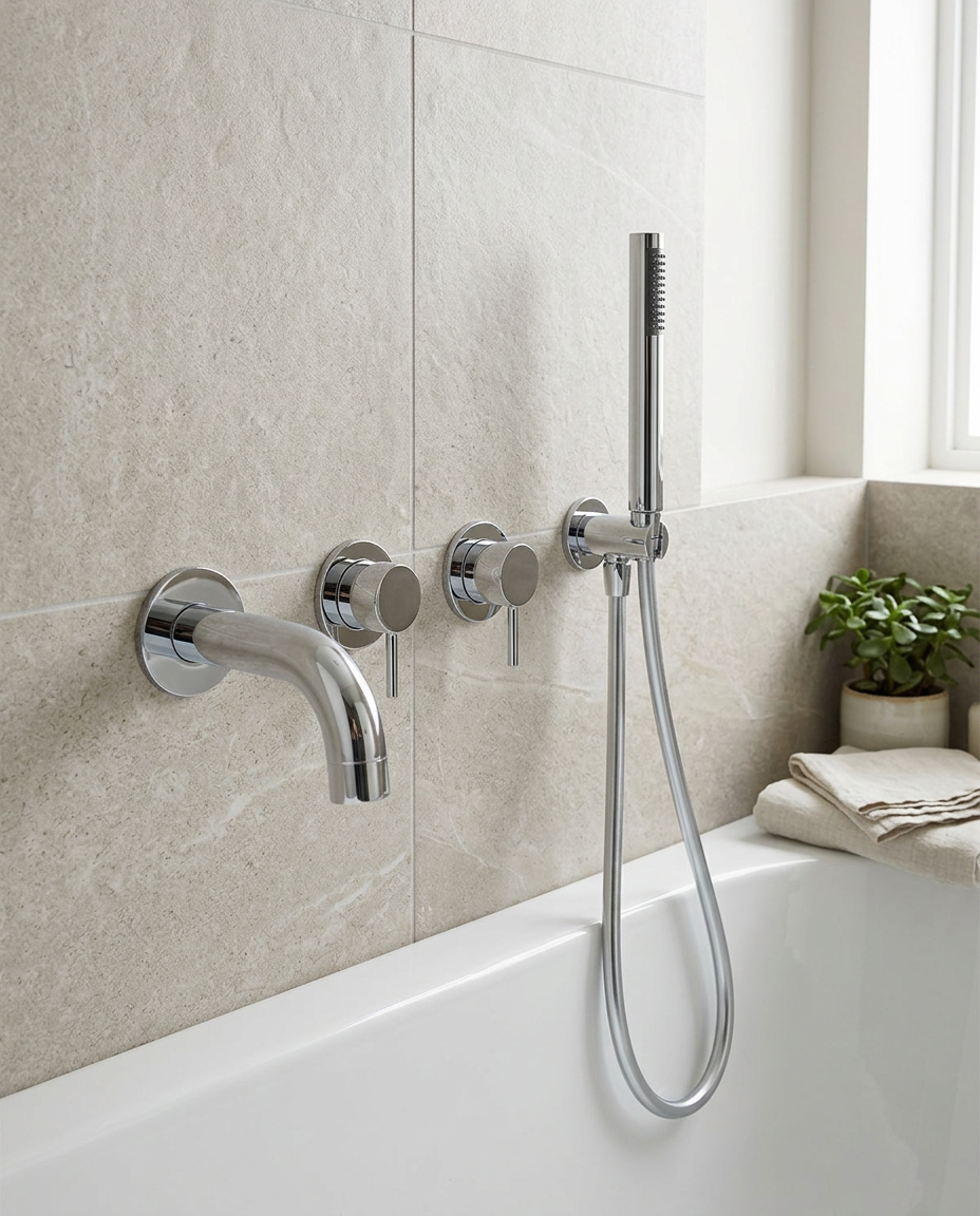 Artisa Wall-Mounted Bath Spout & Shower Valves in a bright modern bathroom