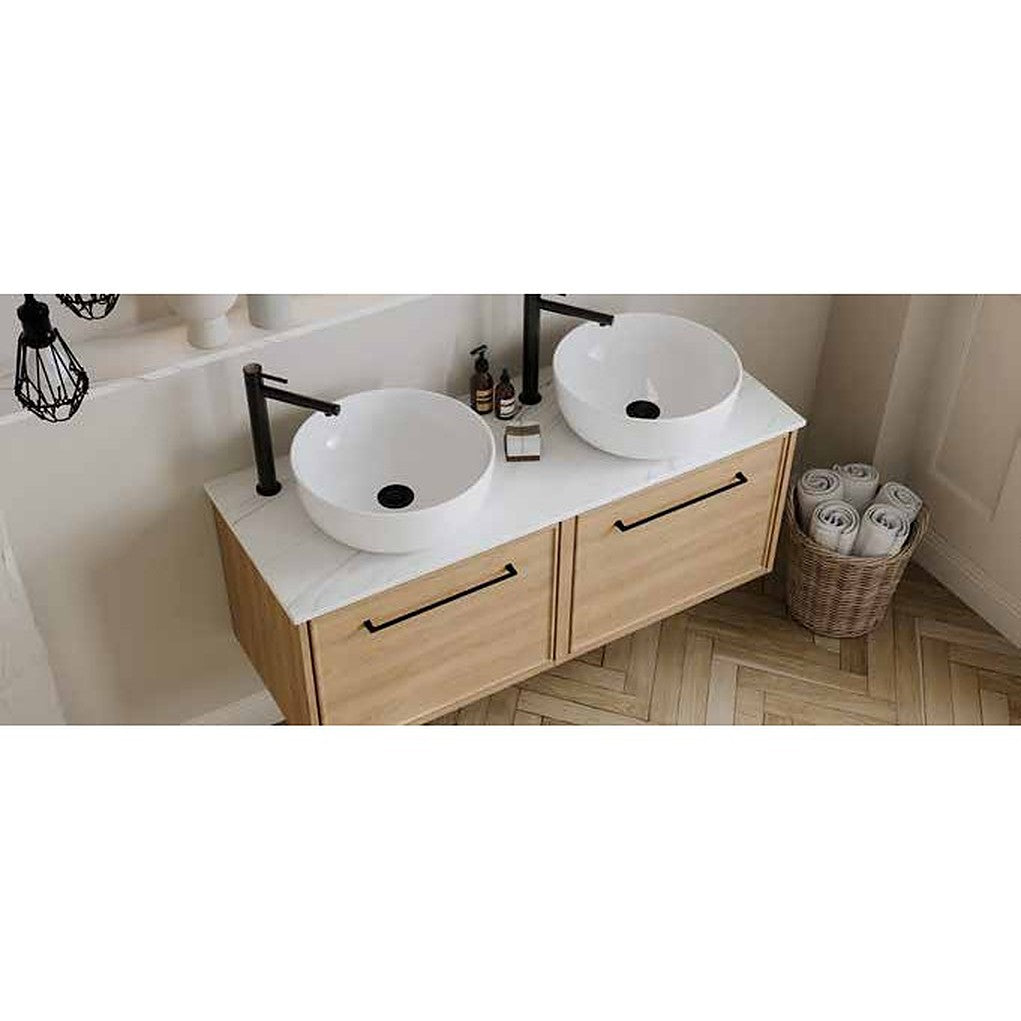 Two Aspecta round sit-on basins on an oak vanity unit