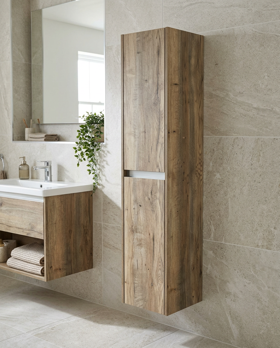 Aspira 1500mm Wall Hung Tall Storage Unit, 2 Doors in a bright modern bathroom