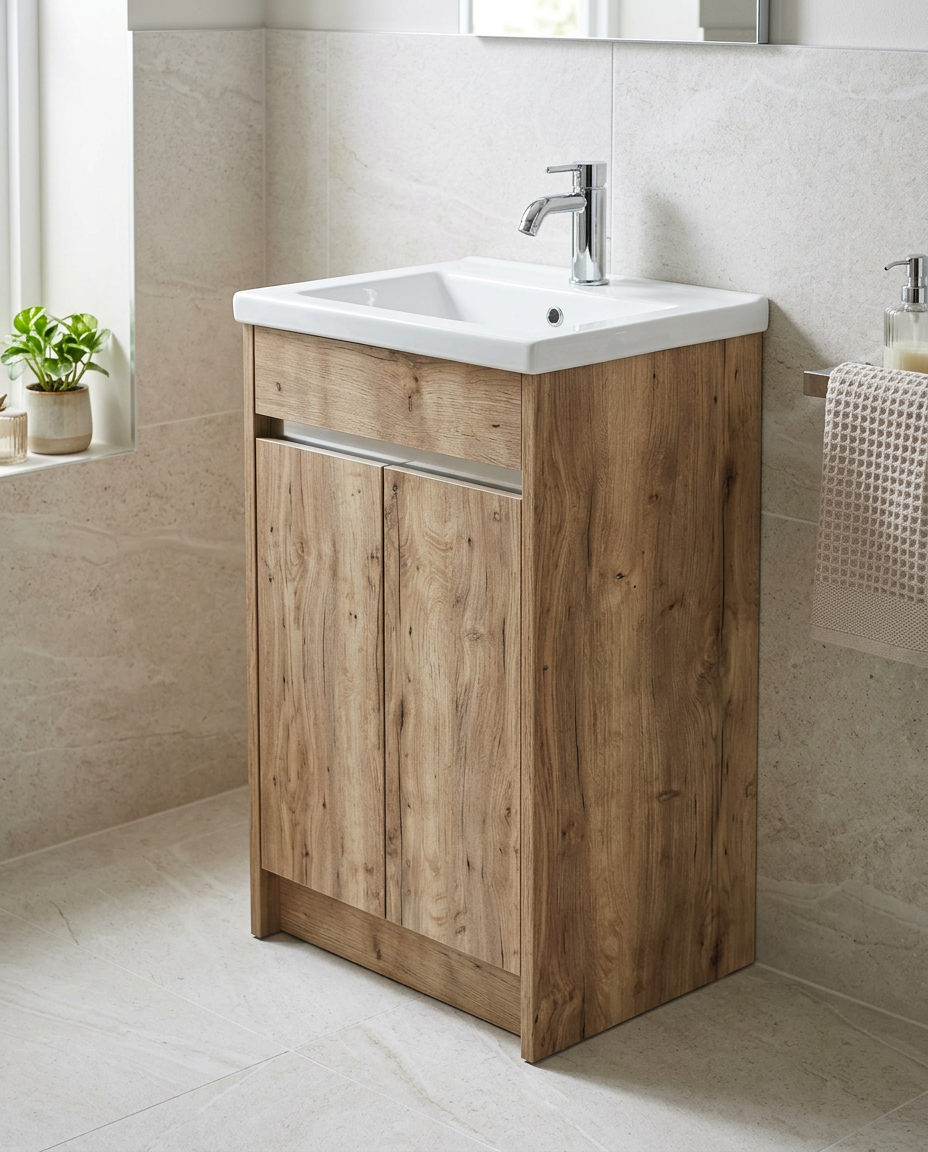 Aspira 550mm Floorstanding Vanity Unit & Basin, 2 Doors in a bright modern bathroom