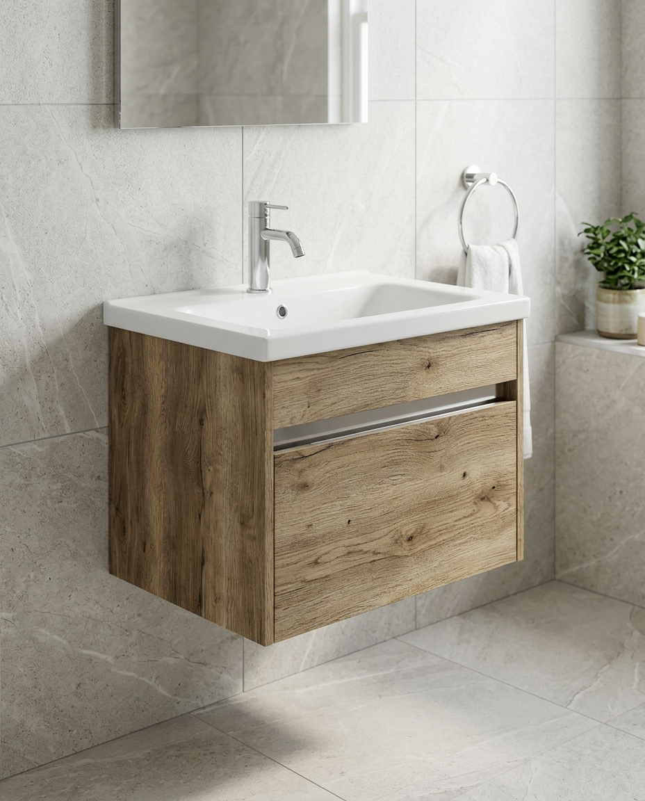 Aspira 650mm Wall Hung Vanity Unit & Basin, 1 Drawer in a bright modern bathroom