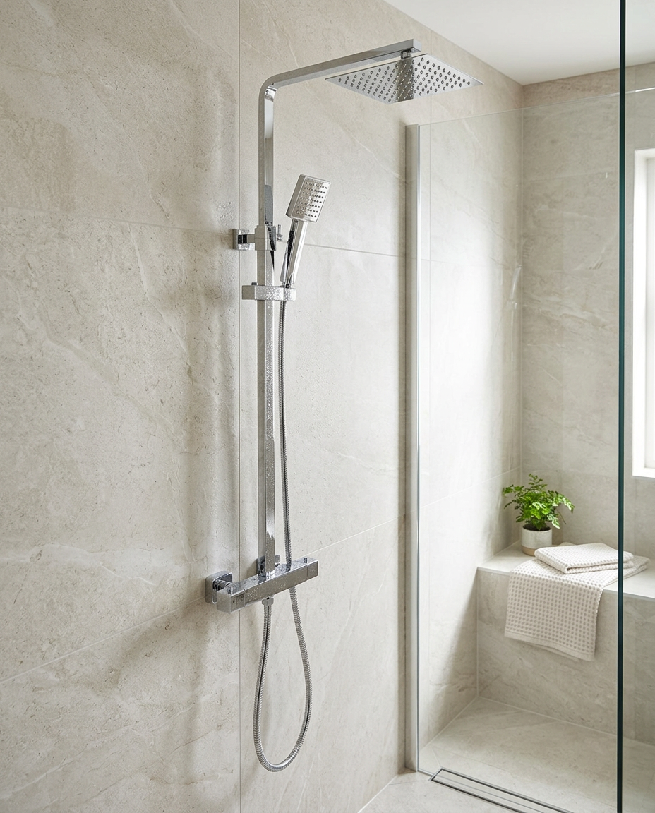 Aspira Square Thermostatic Drench Shower in a bright modern bathroom