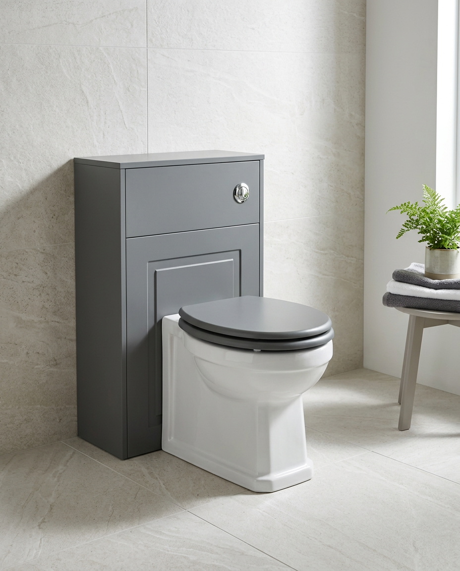 Astor 500mm WC Unit, matt grey in a bright modern bathroom