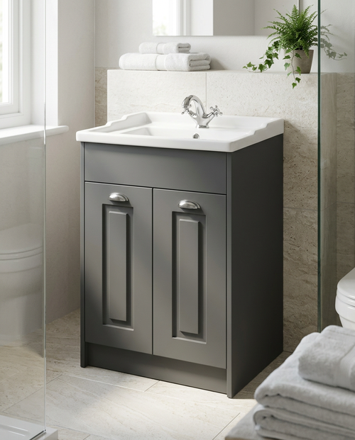 Astor 600mm Floor Standing Vanity Unit & Basin, 2 Doors, matt grey in a bright modern bathroom