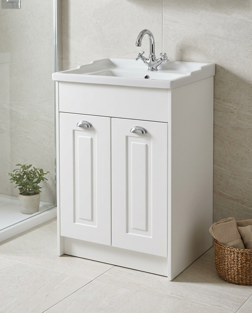 Astor 600mm Floor Standing Vanity Unit & Basin, 2 Doors, matt white in a bright modern bathroom