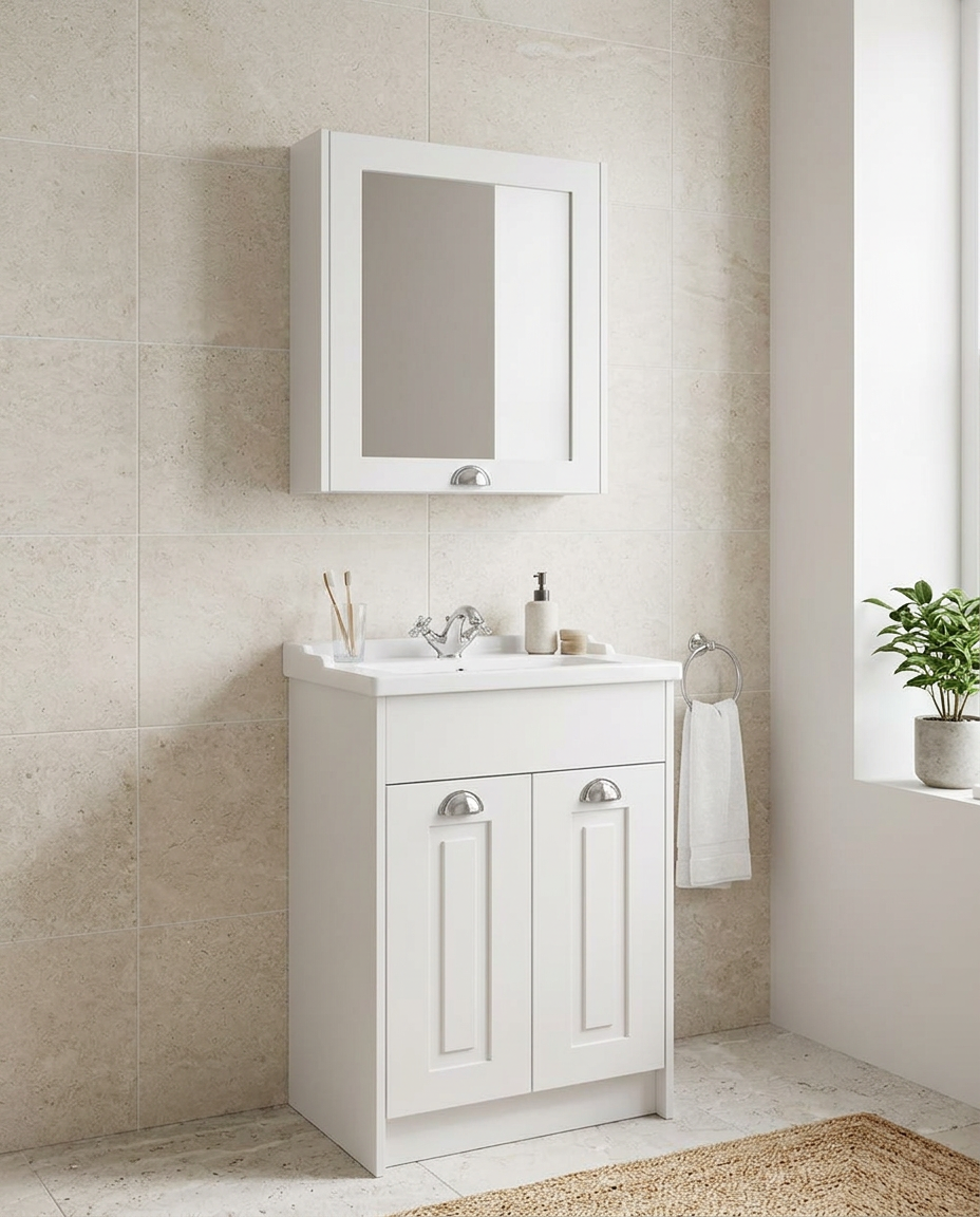 Astor 600mm Mirror Cabinet, matt white in a bright modern bathroom