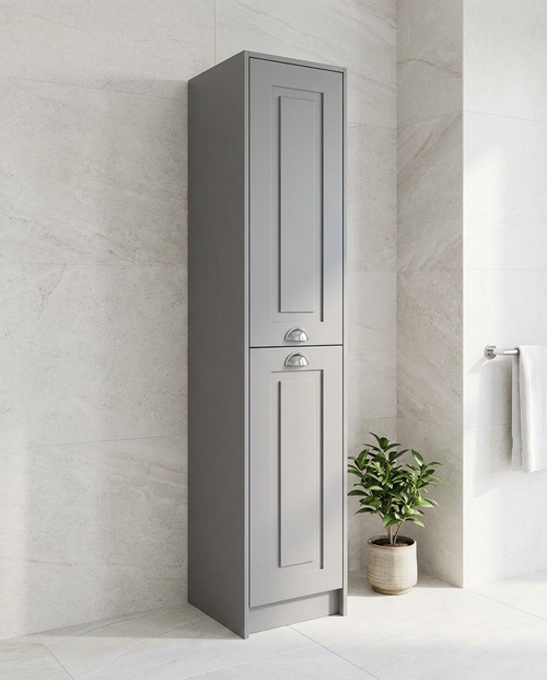 Astor Floor Standing Side Unit, matt grey in a bright modern bathroom