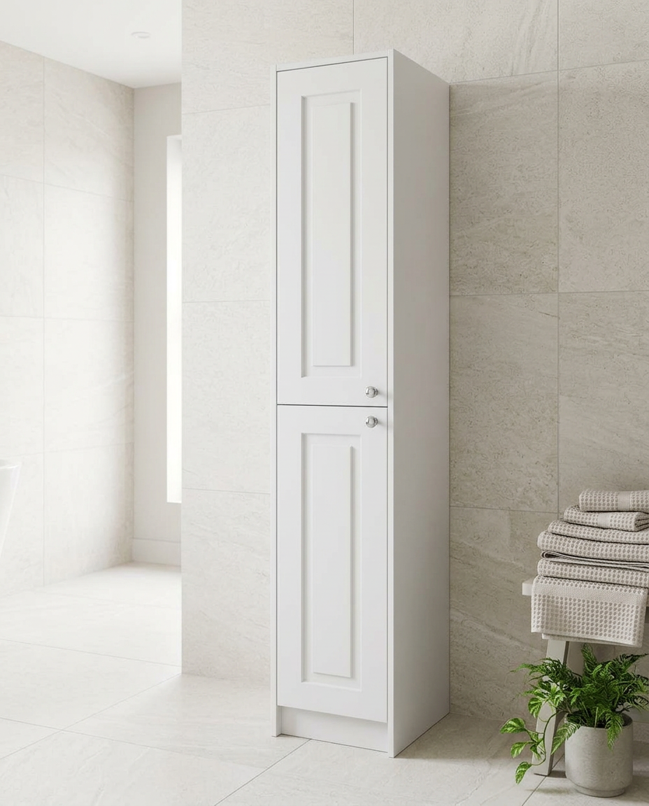 Astor Floor Standing Side Unit, matt white in a bright modern bathroom