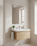 Astria Rectangular Framed Mirror in a bright modern bathroom