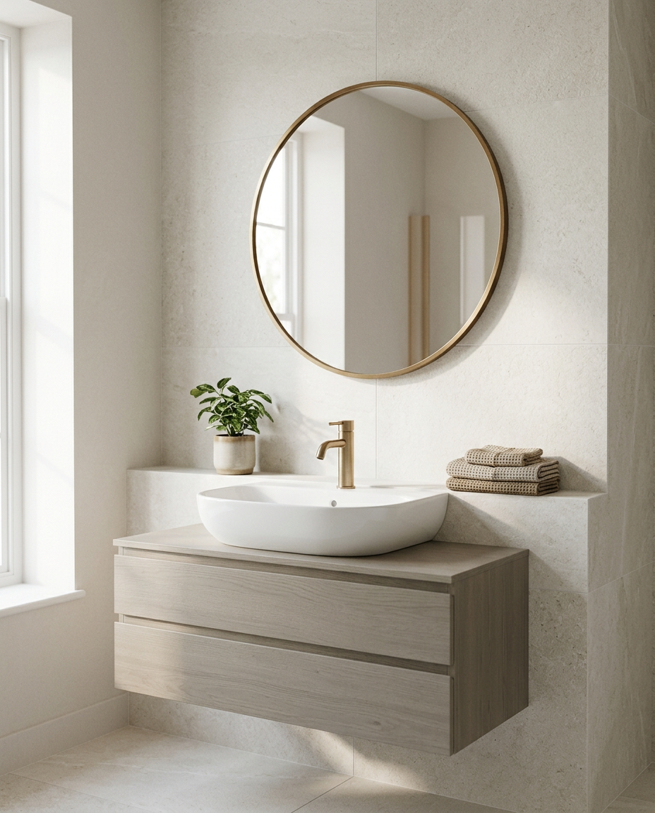 Astria Round Framed Mirror in a bright modern bathroom