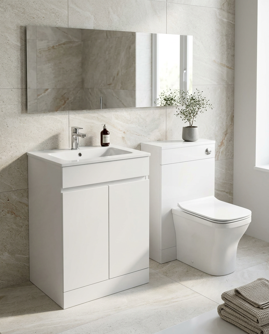 Atlas 1100mm Waterproof L-Shaped Furniture Pack in a bright modern bathroom